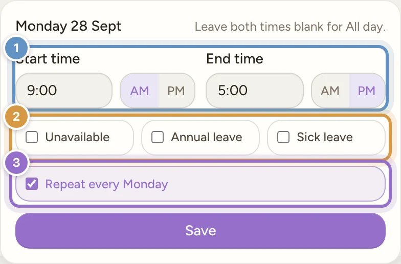 A permanent worker's day editor with time fields, Unavailable, Annual leave, Sick leave, a repeating weekday choice and Save.