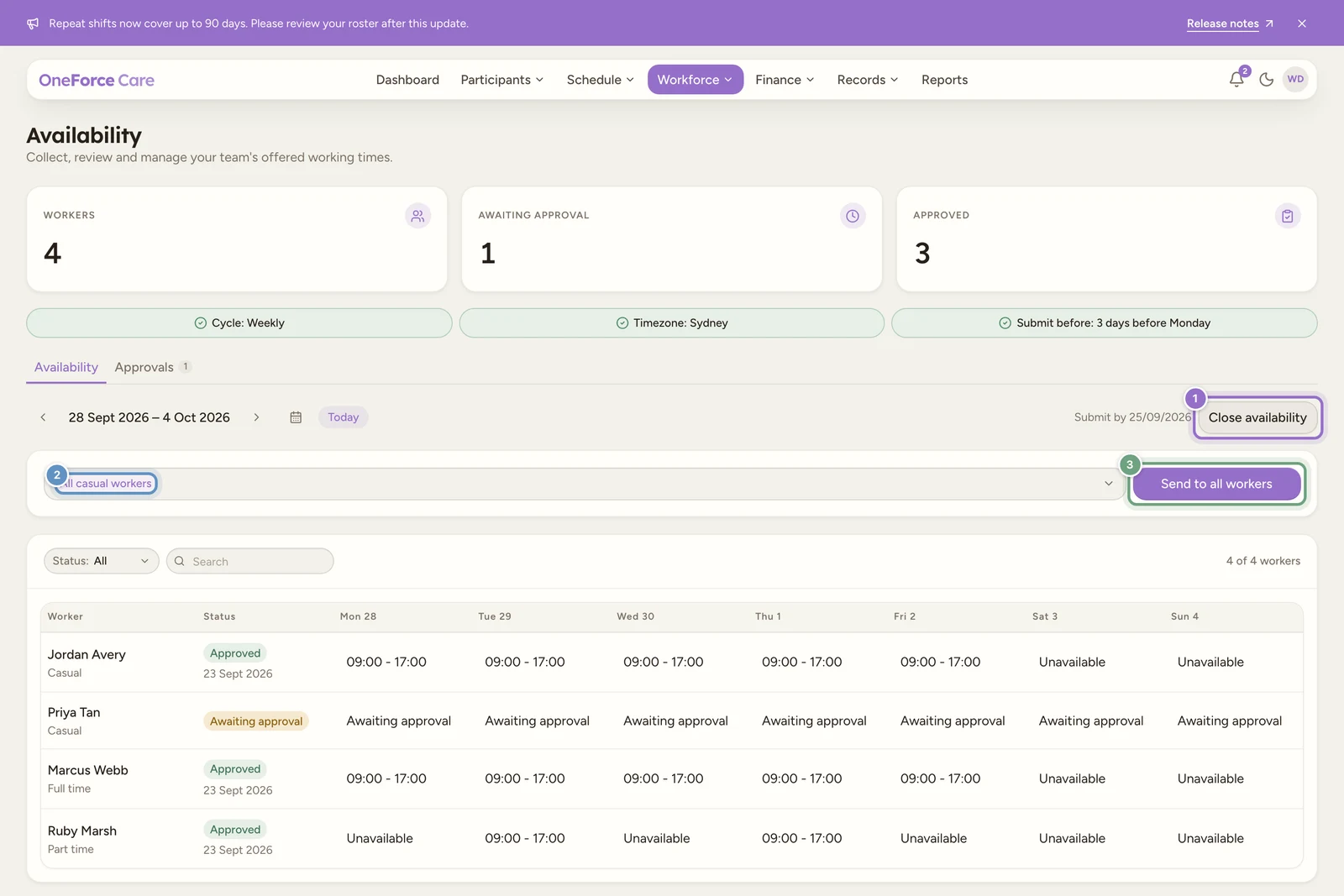 The request controls with All casual workers selected and the Send to all workers button.