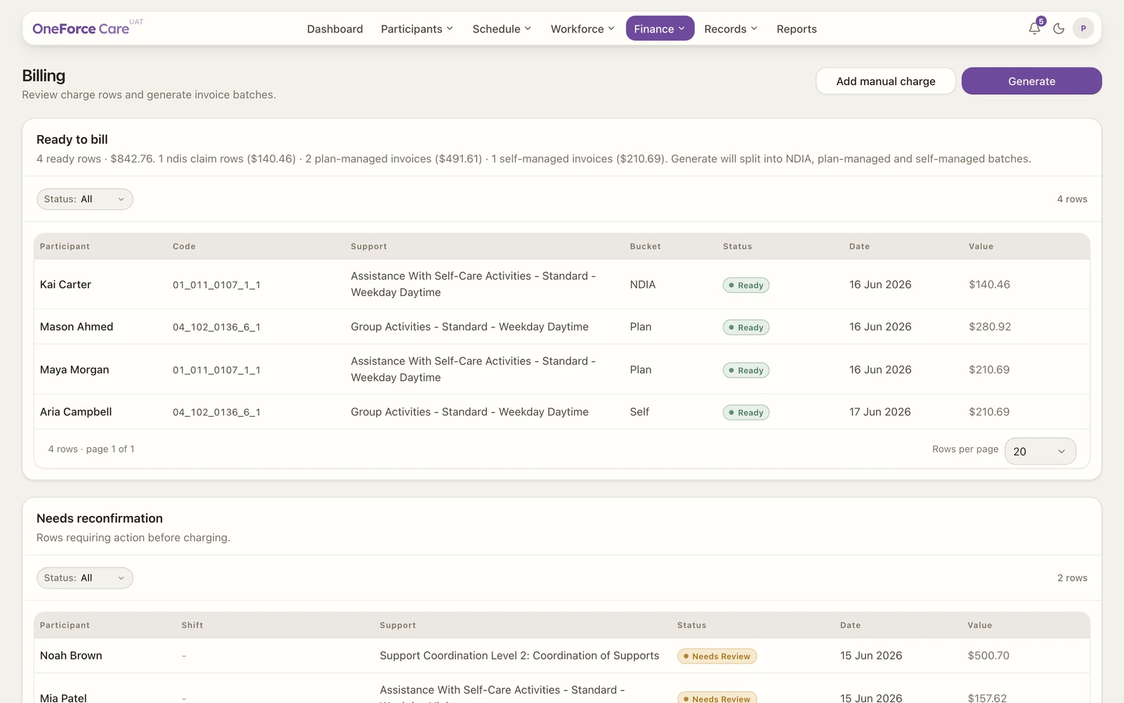 The Billing charge register showing rows that need review and rows that are ready to bill.