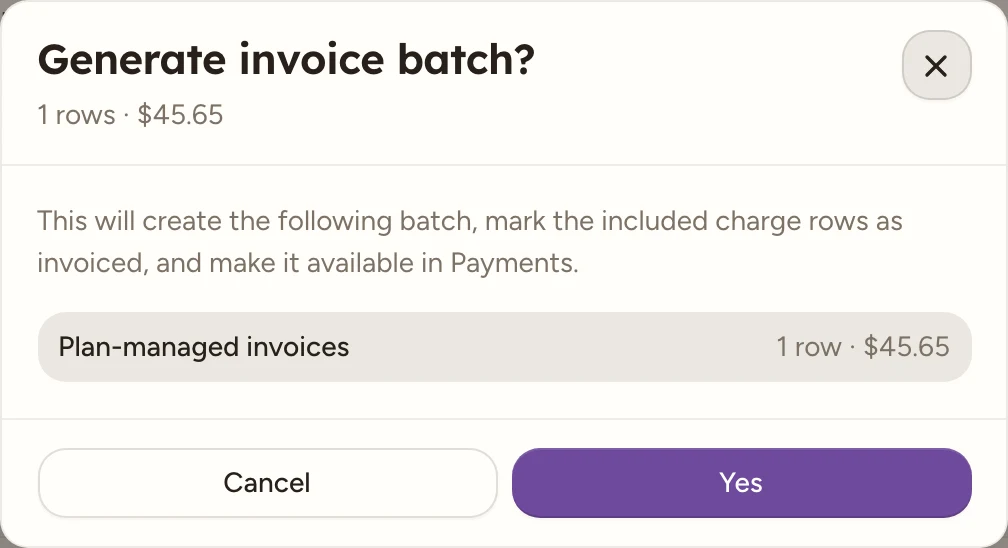 The Generate invoice batch confirm dialog, listing the batch breakdown and a row that can't be billed with its reason and an excluded checkbox, above the Yes and Cancel buttons.