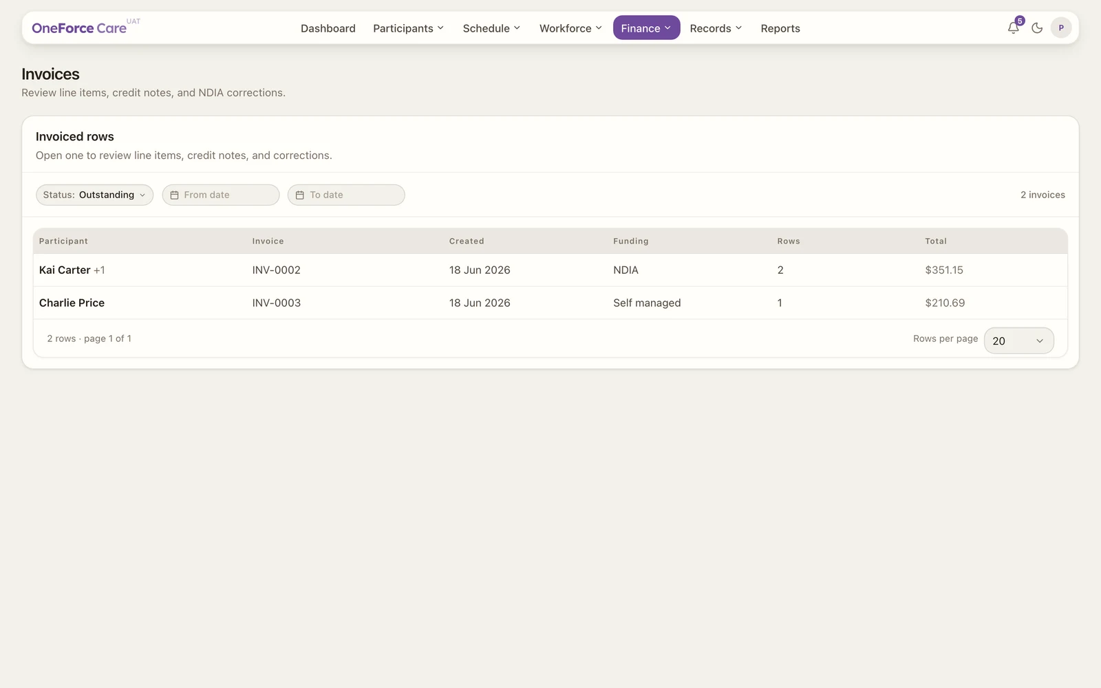 The Invoices screen listing finalised batches with their invoice number, funding type, total and status.