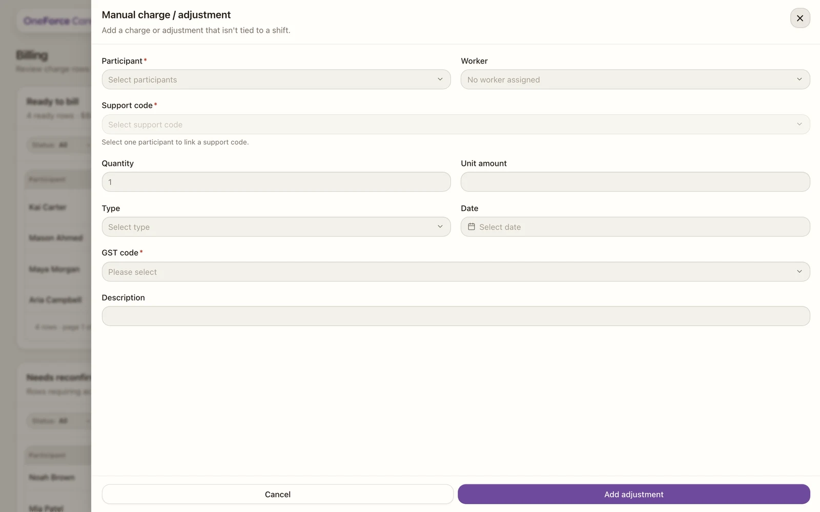 The manual charge drawer with participant, support code, type, service date, quantity, rate and description.