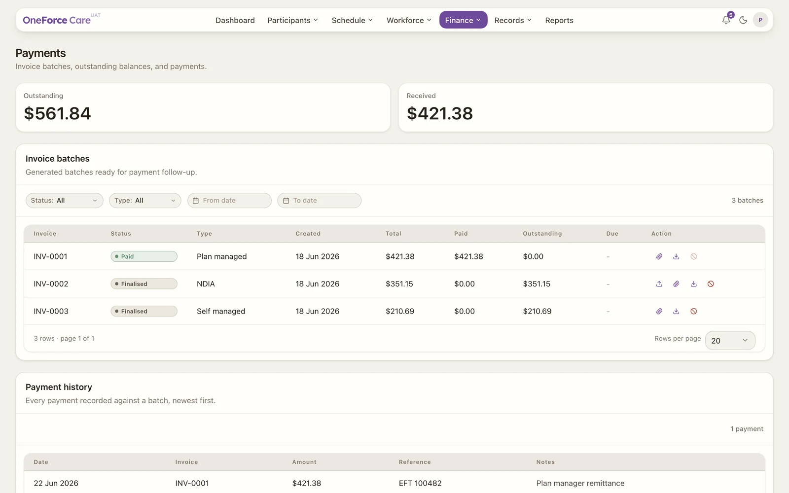 The Payments screen with outstanding and received totals, and a table of invoice batches.