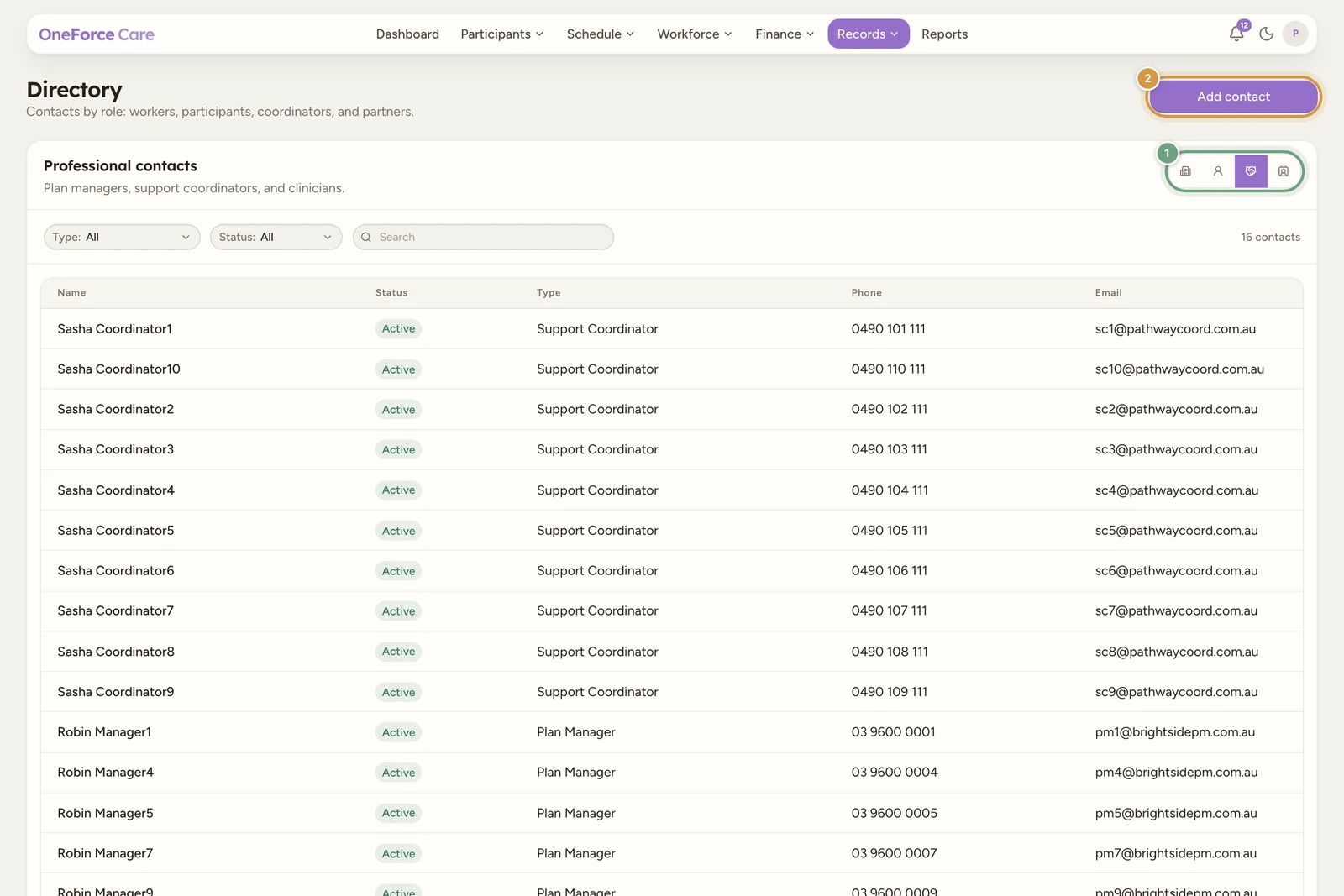 The directory on the Professional contacts view with the Add contact button at the top right and the view toggle showing the Professional contacts icon active.