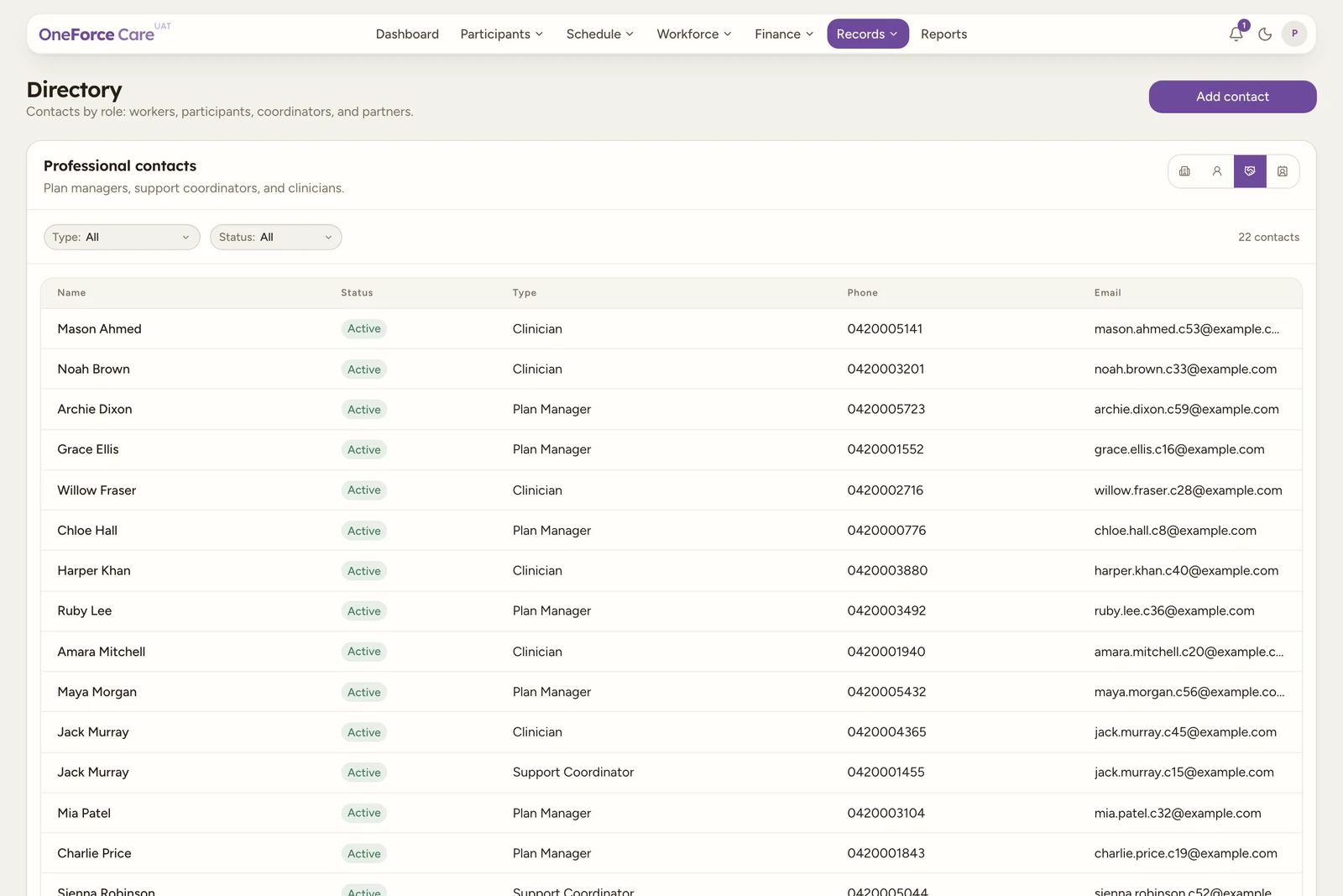 The directory on the Professional contacts view, showing the Add contact button at the top right of the page, the view toggle with the Professional contacts icon active, and Type and Status filters above a table of plan managers, support coordinators and clinicians.