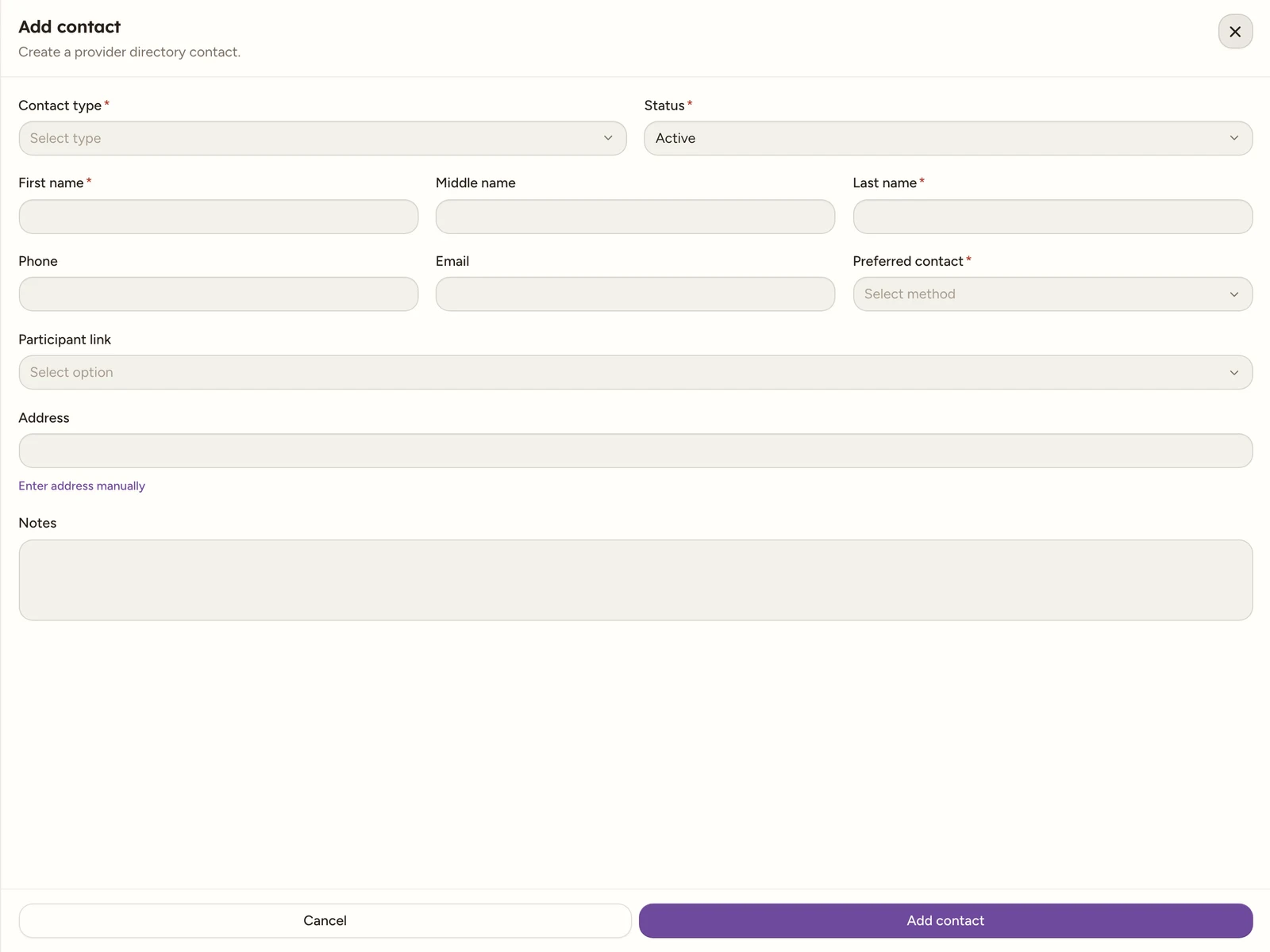 The Add contact drawer titled Add contact with the description Create a provider directory contact, showing Contact type, Status, First name, Middle name, Last name, Phone, Email, Preferred contact, Participant link, Address and Notes fields, and Cancel and Add contact buttons at the bottom.