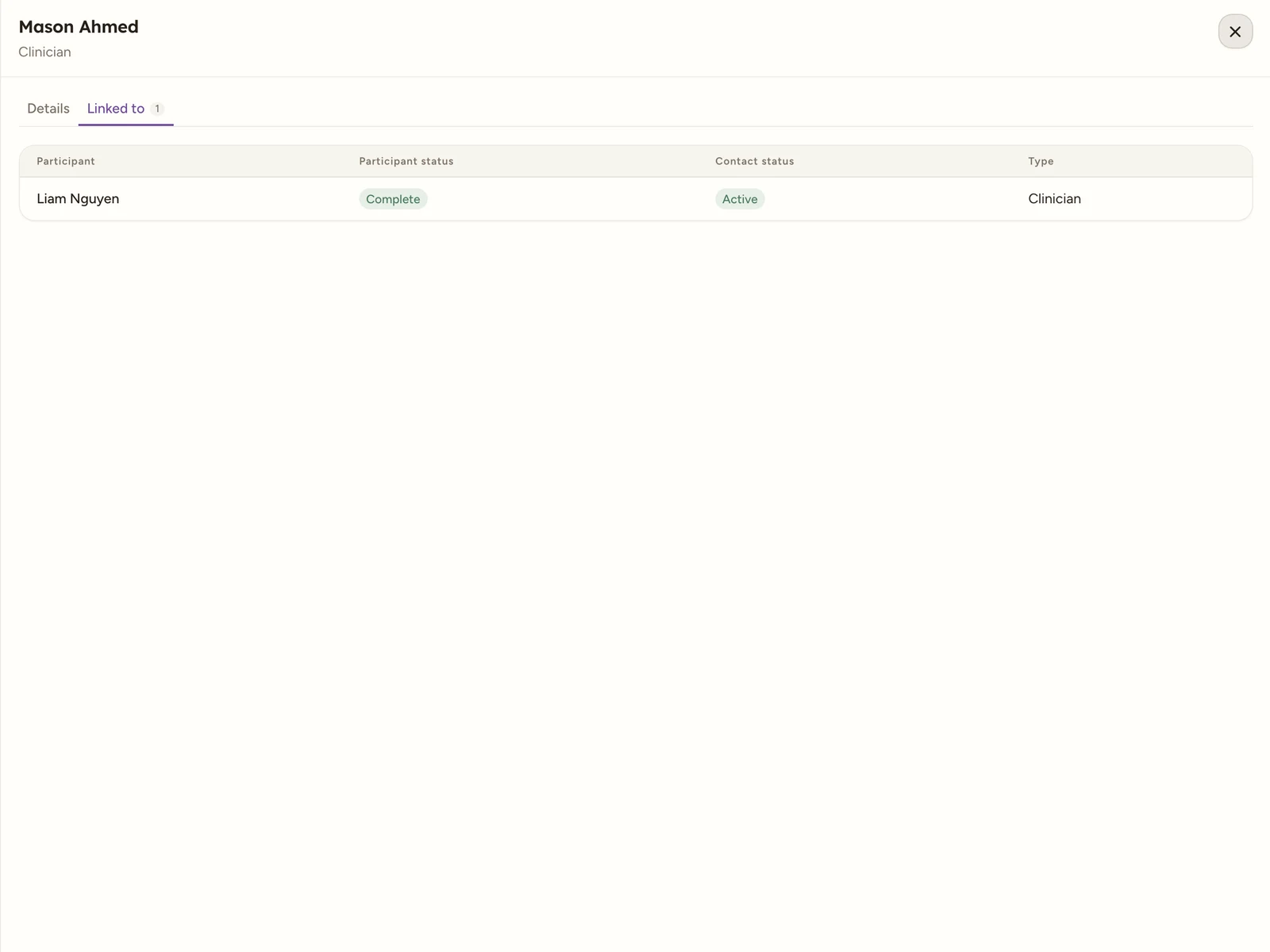 A directory contact drawer showing the Details and Linked to tabs, with the Linked to tab open and a table of linked participants showing Participant, Participant status, Contact status and Type columns.