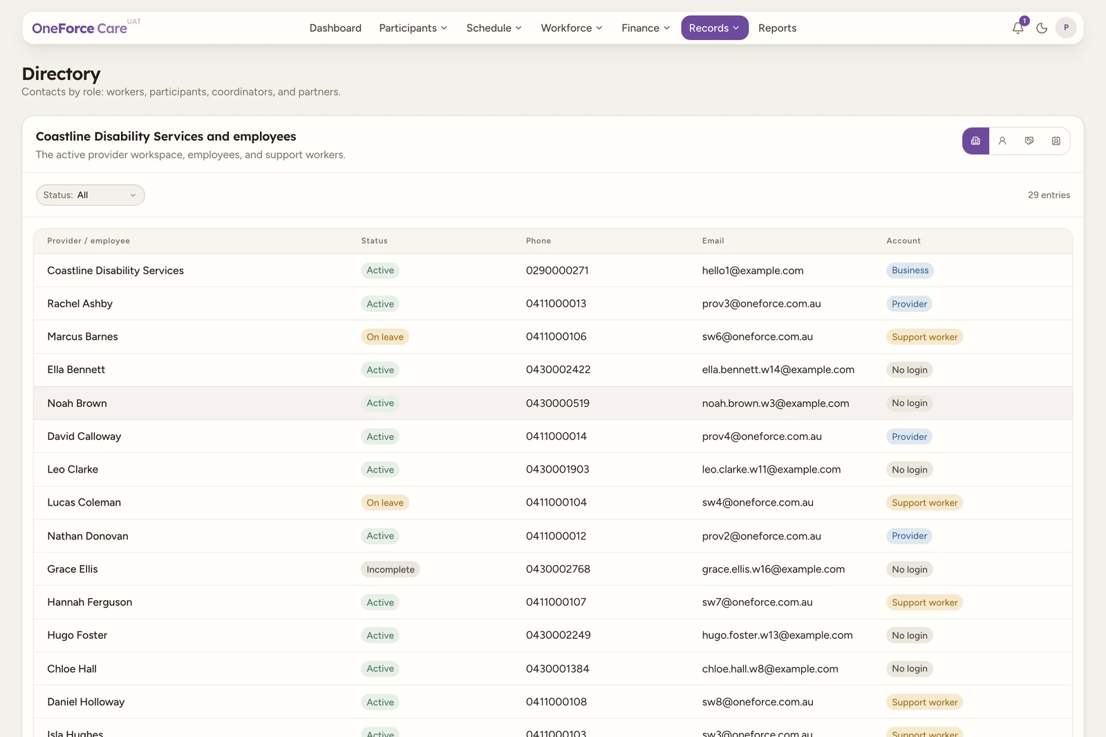 The directory on the Business and employees view, showing the four-icon view toggle at the top right of the panel, a Status filter at the top left, and a table of the provider business and its workers with Provider / employee, Status, Phone, Email and Account columns.