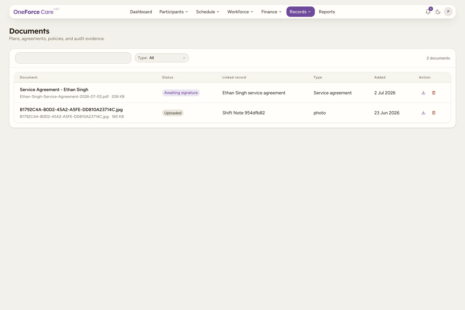 The Documents register with a search box and a Type filter at the top, and a table with Document, Status, Linked record, Type, Added and Action columns. The Action column shows Download and Delete icon buttons.