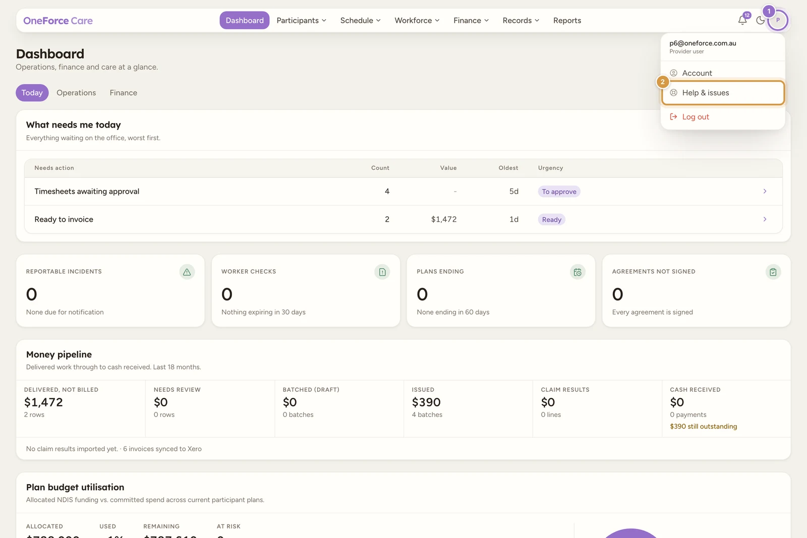 The OneForce Care dashboard with the account menu open at the top right, showing the signed-in email, an Account item, a Help and issues item, and Log out.