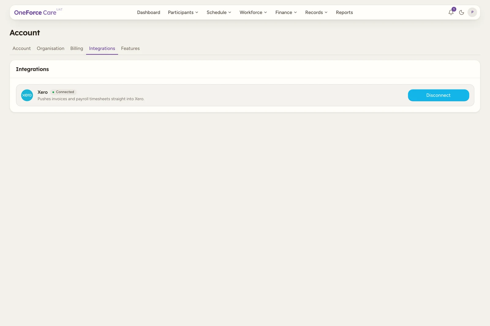 The Integrations tab, not connected, with the Accounting integrations card and a Connect to Xero button.