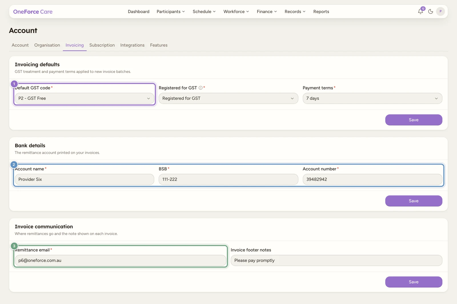 The Invoicing tab with three cards: Invoicing defaults (GST code, registration, payment terms), Bank details (account name, BSB, account number) and Invoice communication (remittance email, footer notes), each with its own Save button.