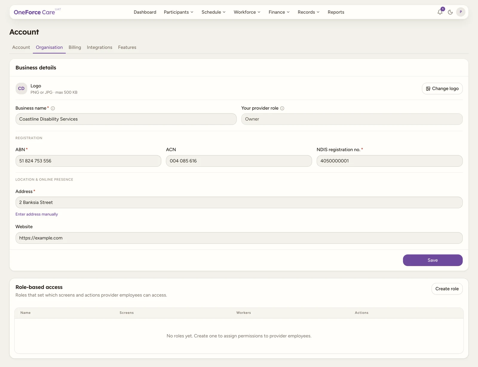The Organisation tab as the provider owner sees it, with the Business details card above the Role-based access section.