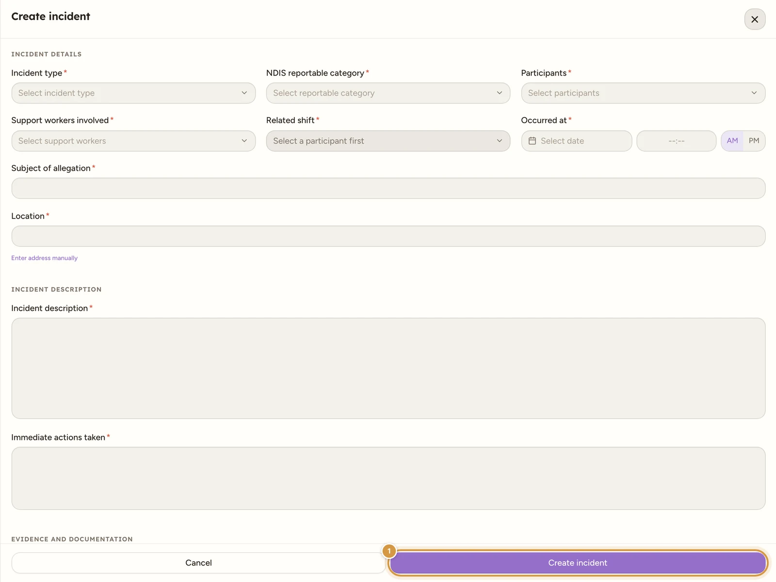The Create incident drawer with the Cancel and Create incident buttons at the bottom.