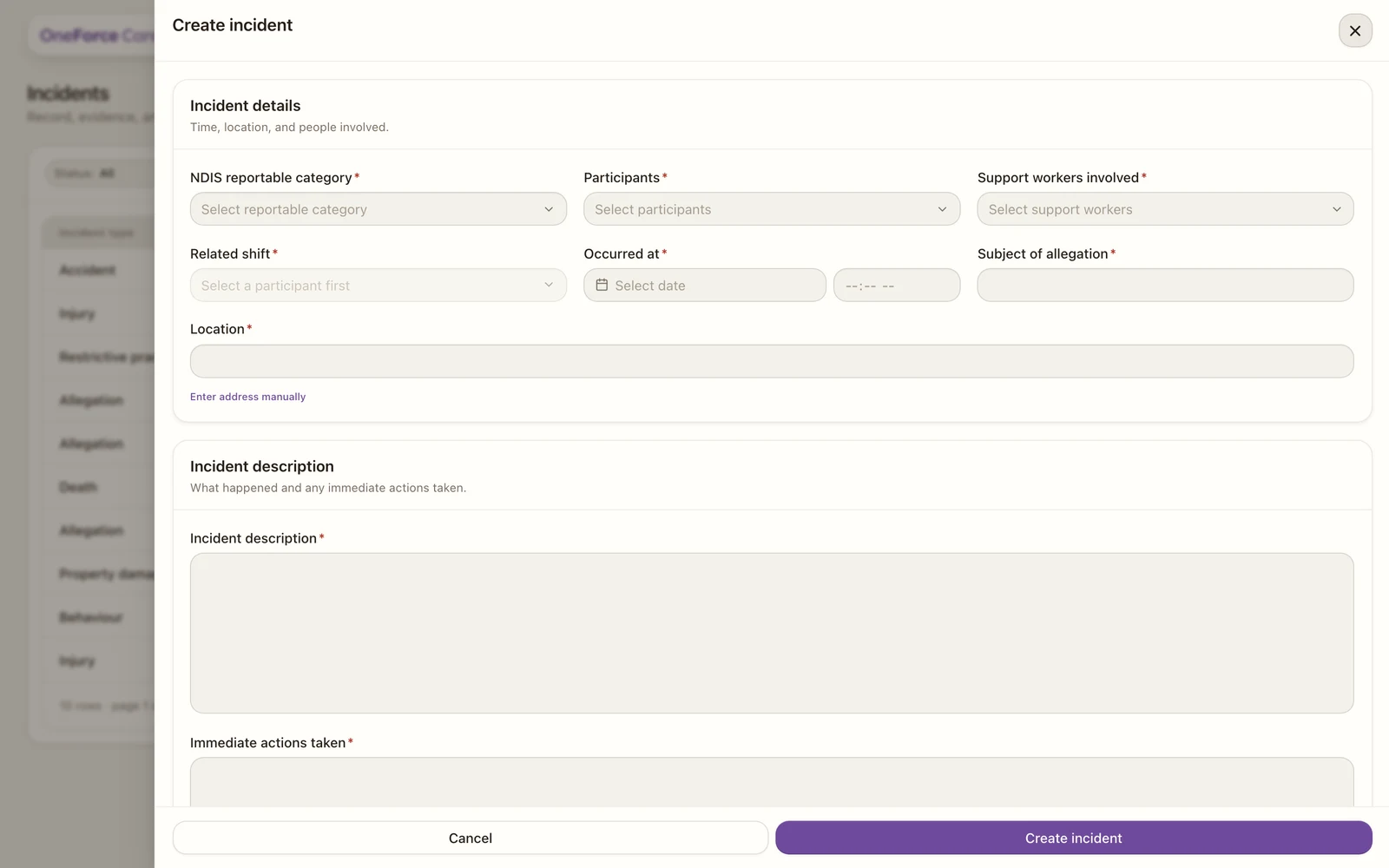 The create-incident drawer with the reportable category, people involved, occurred-at, location and description fields.