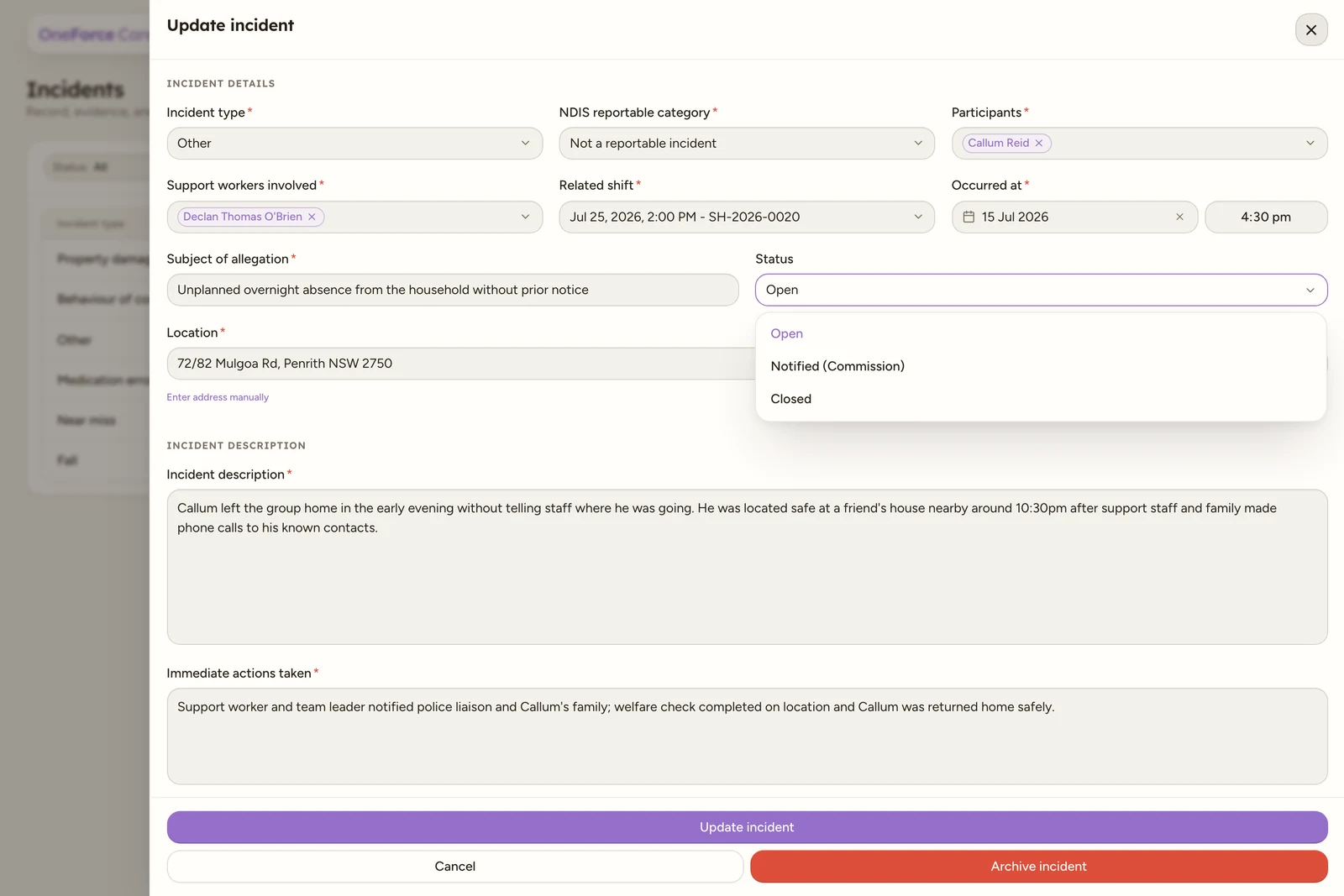 The incident edit drawer, prefilled with an existing incident's details, with the Status select, the Documents and Photos sections, and Archive incident and Update incident buttons at the bottom.