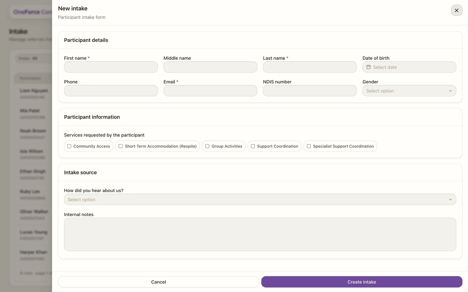 The new-intake drawer with the person's details, services requested and intake source.