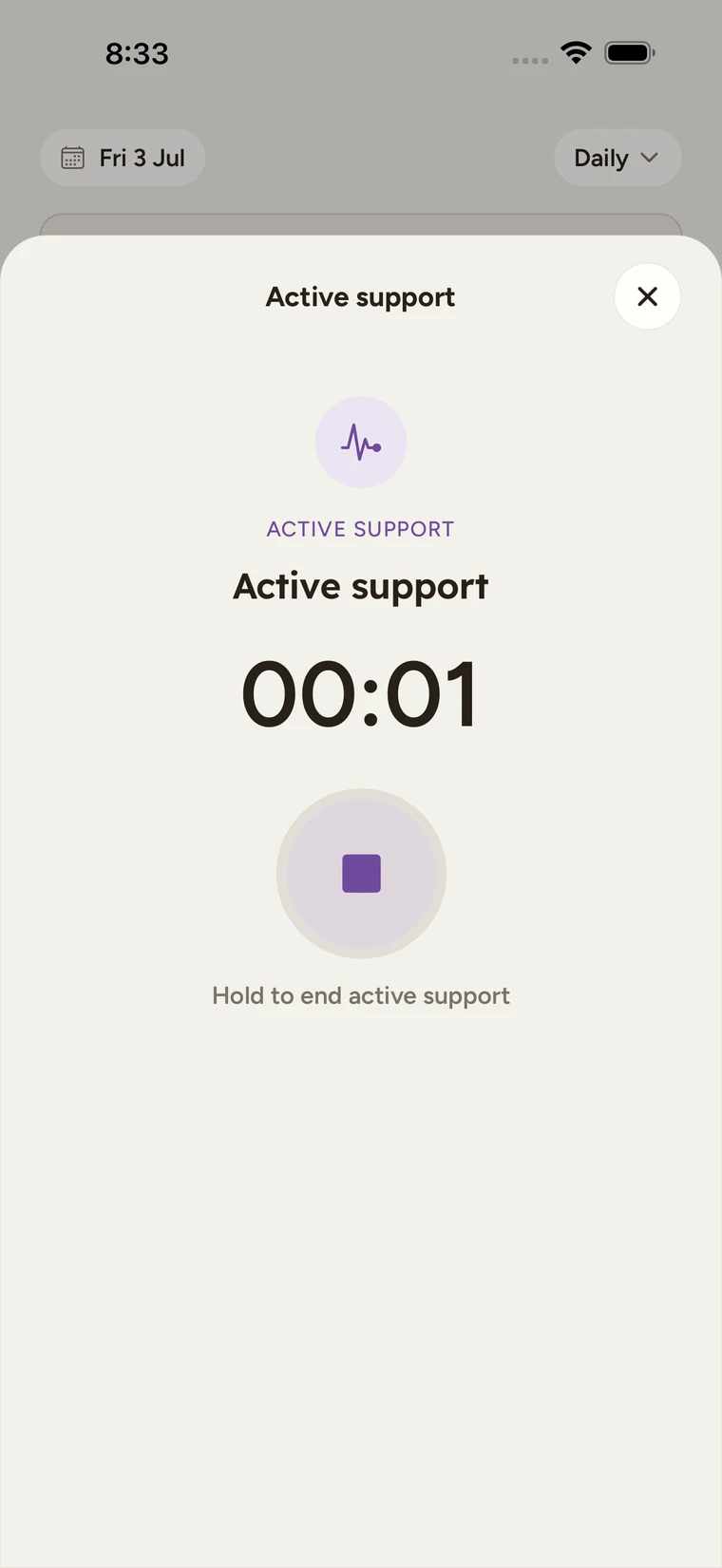 The focused Active support screen with the ACTIVE SUPPORT kicker, a live timer counting up, and the circular Hold to end active support button.