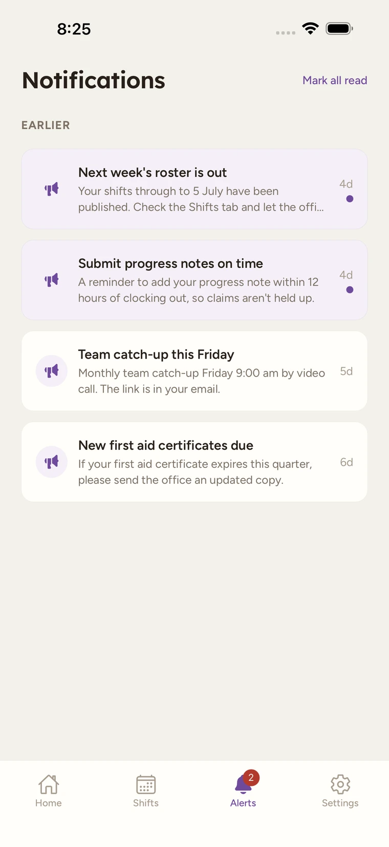 The Alerts tab, headed Notifications, with office announcements grouped into Today and Earlier and a couple of unread items.