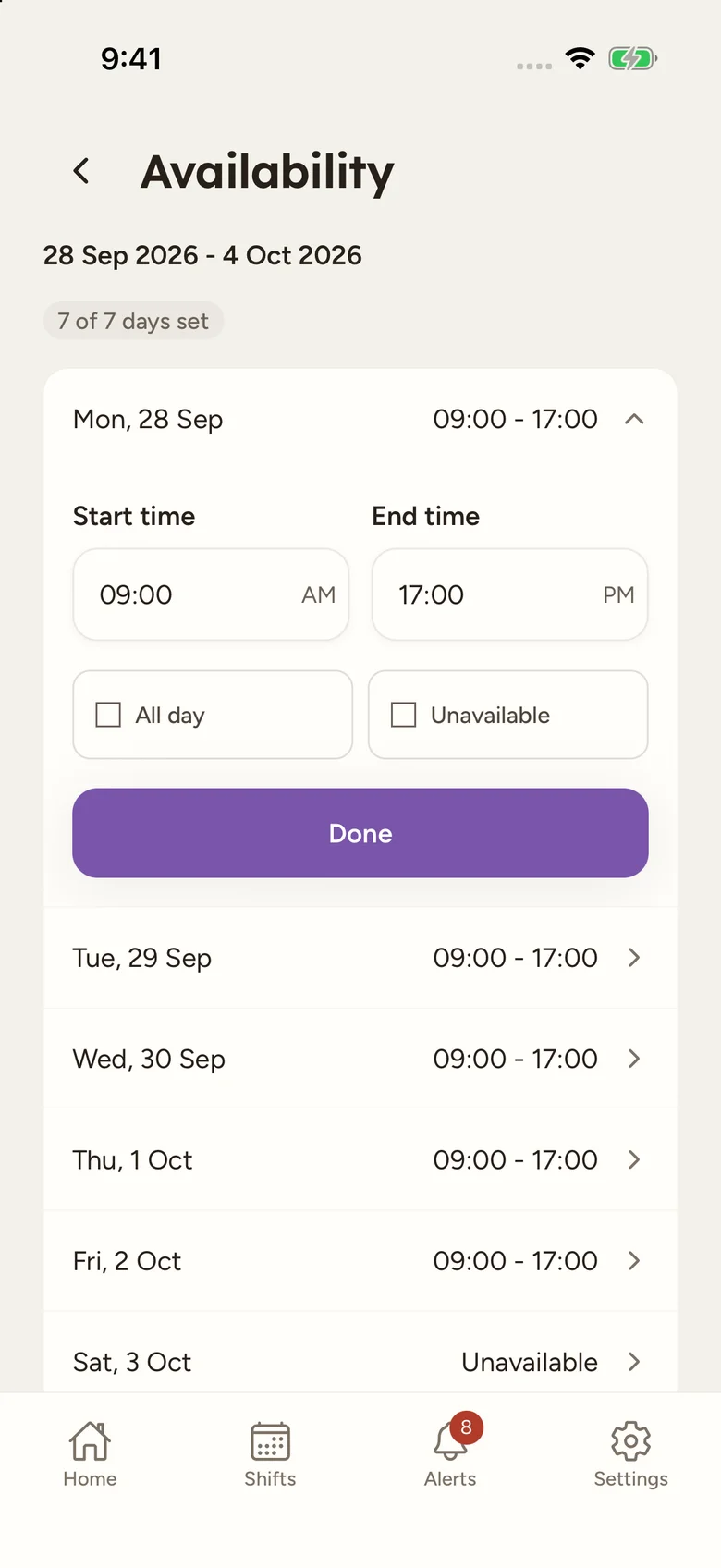 An open availability day with Start time, End time, All day, Unavailable and Done.