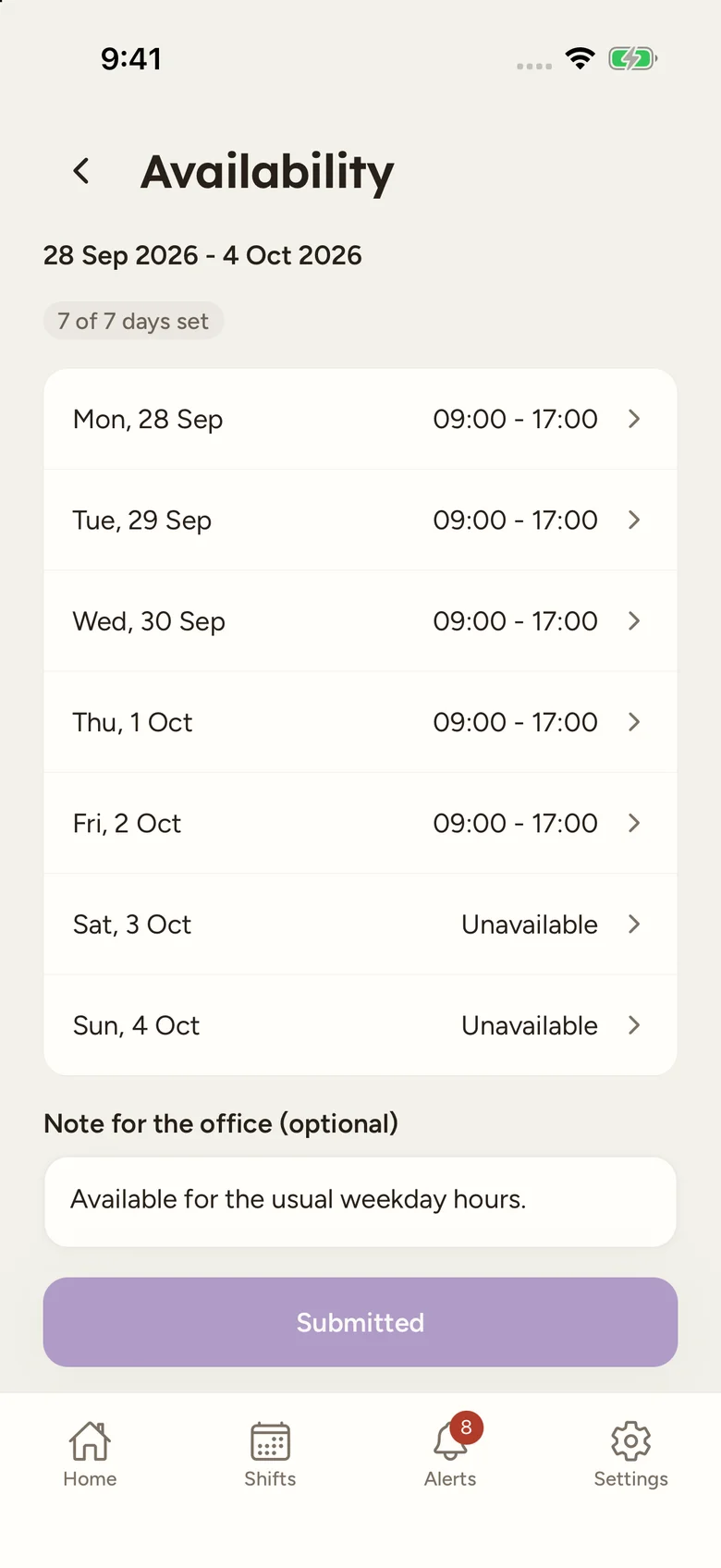 A complete seven-day availability response with an office note and Submitted button.