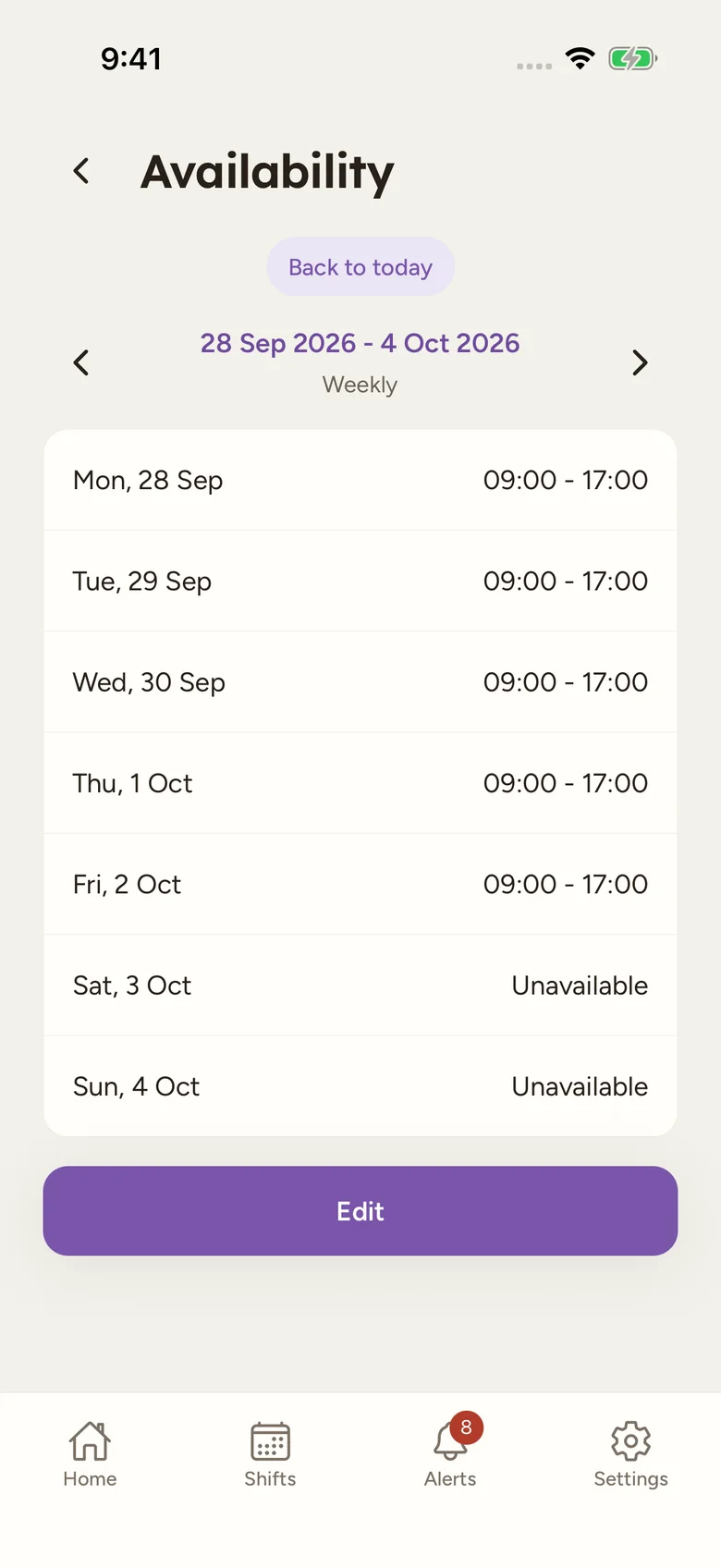Availability for a week, with weekday hours, unavailable weekend days, period arrows and Edit.