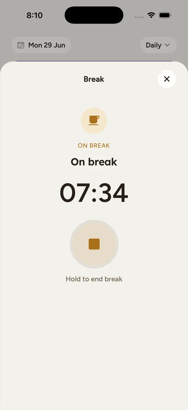 The focused break screen showing On break, a timer counting up, and a Hold to end break button.