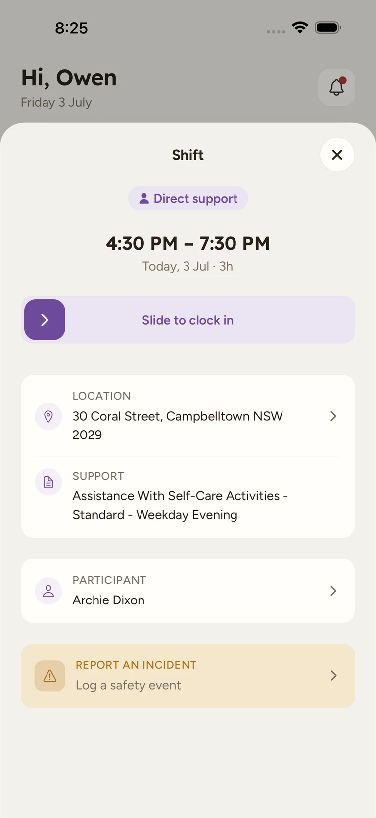 A 1:1 shift open in the sliding panel, showing the time, location, support and a Slide to clock in control.