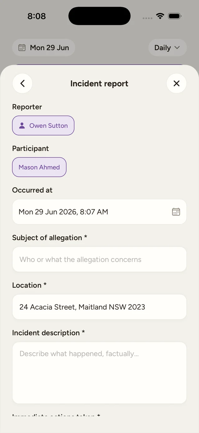 The incident report form with the Reporter and Participant filled in, an Occurred at time, and Subject of allegation, Location and Incident description fields.