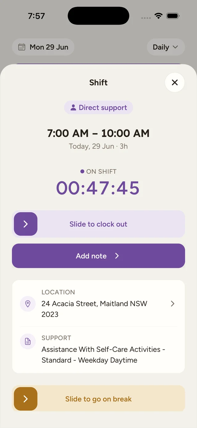 The same shift once clocked in, showing an On shift timer counting up, a Slide to clock out control and an Add note button.