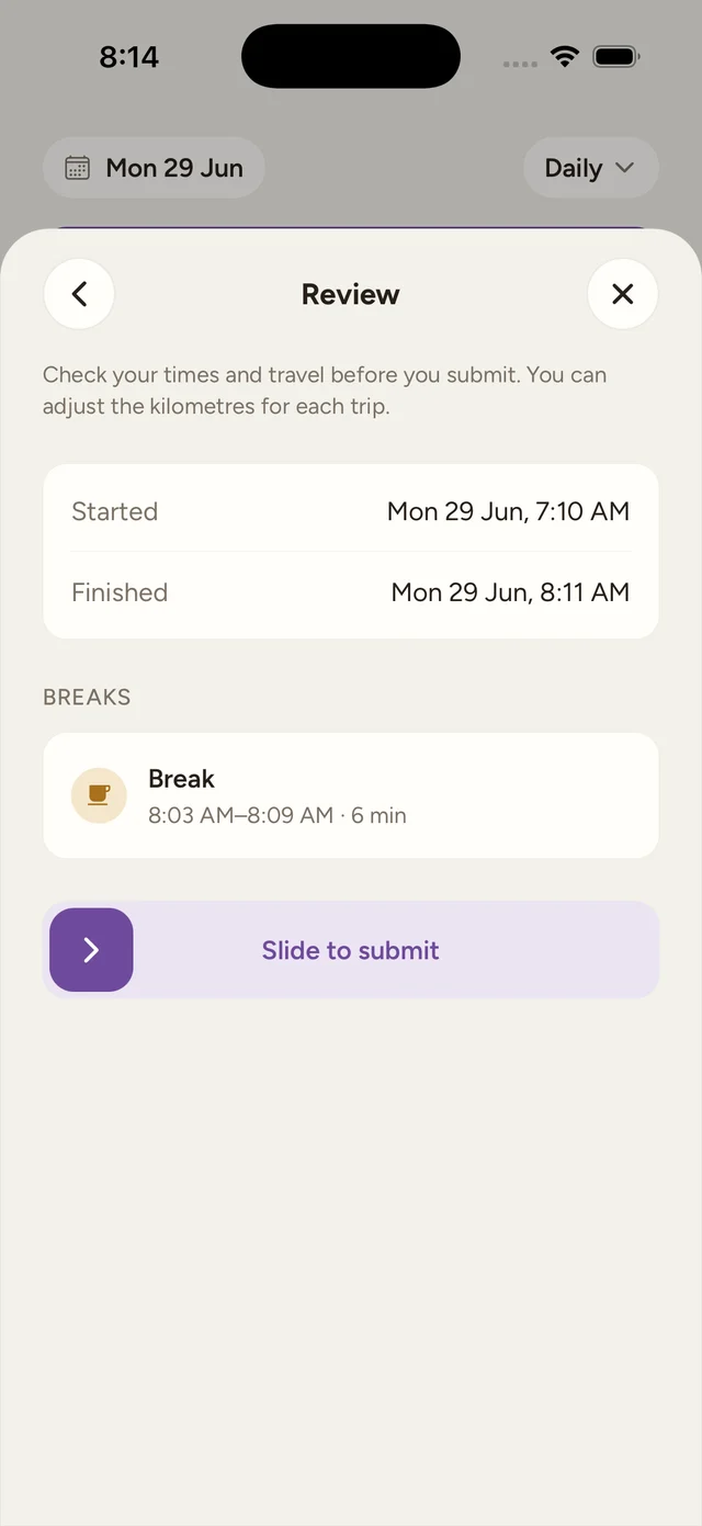 The review screen with Started and Finished times, a Breaks section, and a Slide to submit control.