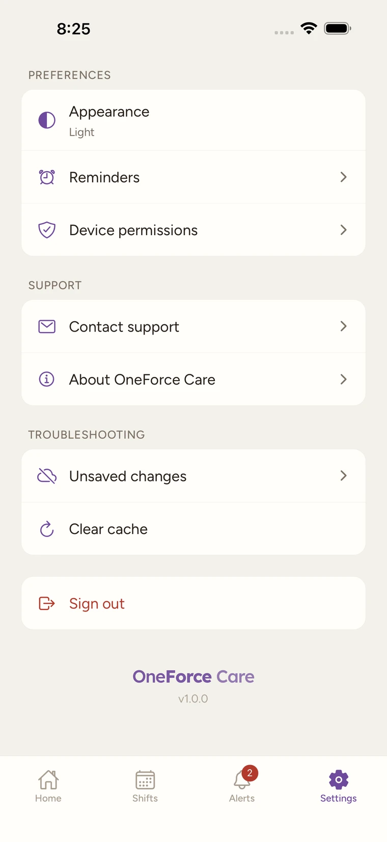 The foot of the Settings tab with Contact support, About OneForce Care, Unsaved changes, Clear cache and Sign out.