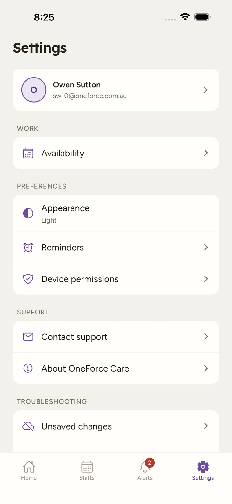 The Settings tab with the worker profile at the top, then Availability, Appearance, Reminders and other options.