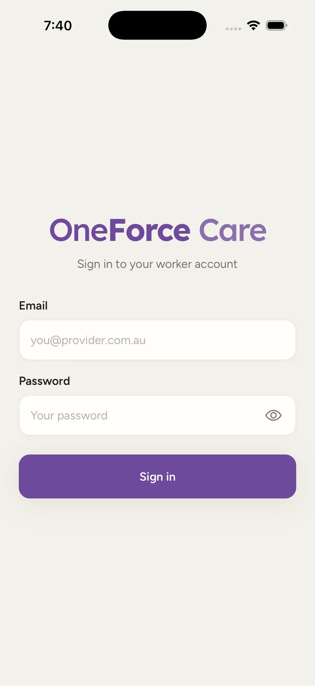 The worker app sign-in screen with the OneForce Care logo, an Email field, a Password field with a show/hide eye icon, and a Sign in button.