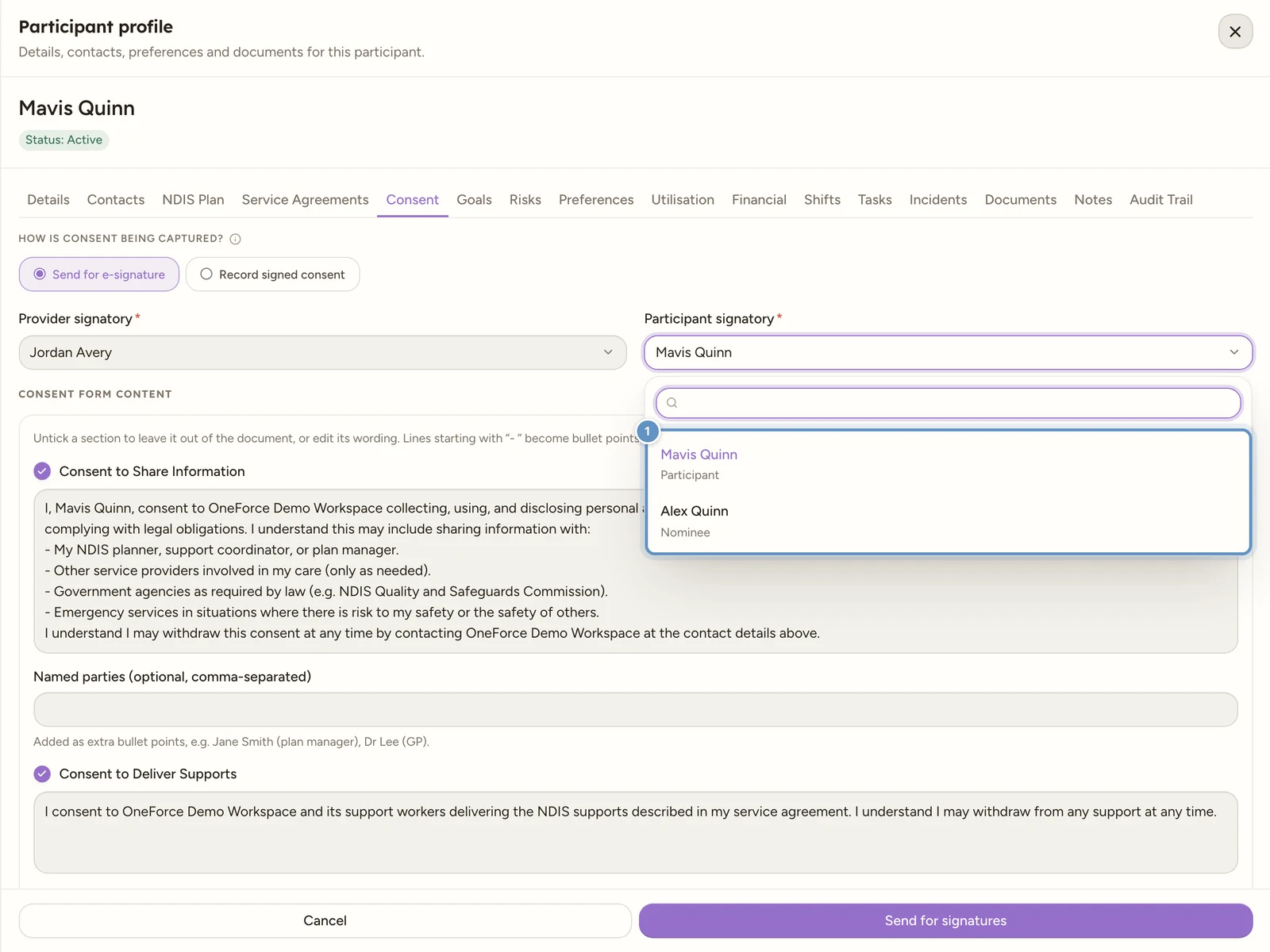 The Participant signatory dropdown open, with the participant listed first (described as Participant) and their directory contacts below, each with their relationship or contact type.