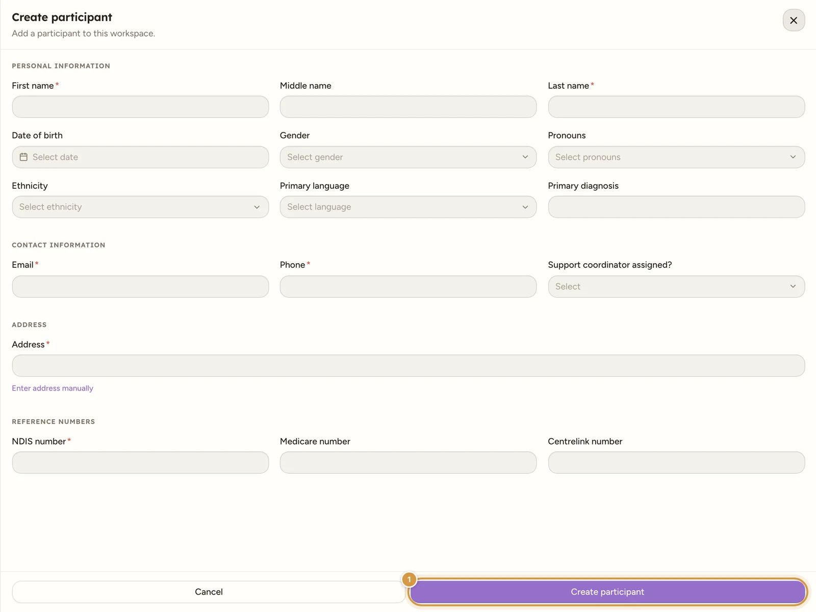 The bottom of the Create participant drawer showing the Cancel and Create participant buttons.