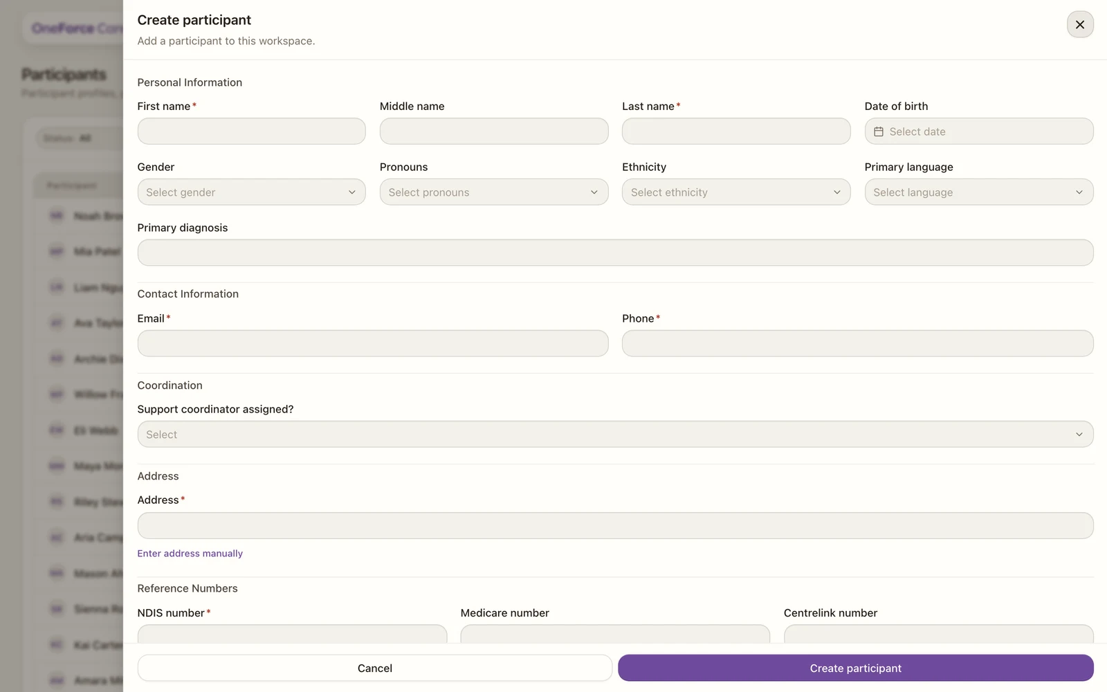 The Create participant drawer, with Personal information, Contact information, Coordination, Address and Reference numbers sections.
