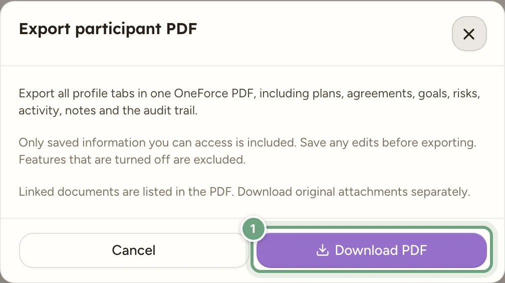The Export participant PDF dialog explaining included information, with Download PDF highlighted.