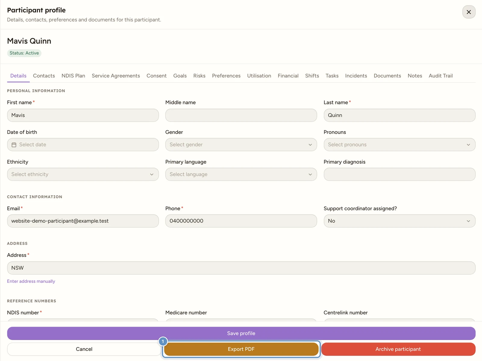 A fictional participant profile with Export PDF highlighted in the Details footer.