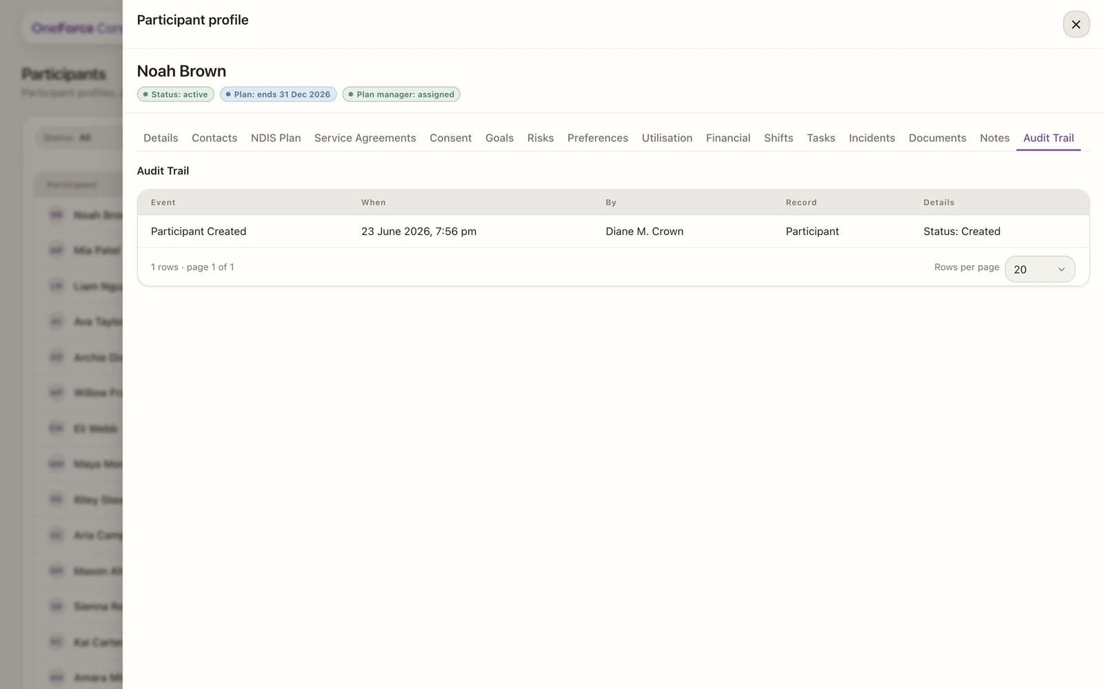 The Audit Trail tab showing a chronological list of changes to the participant record.