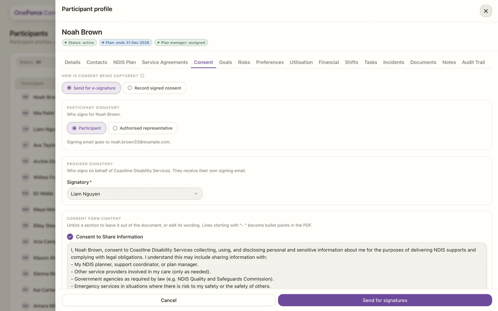 The Consent tab showing the capture method, the participant and provider signatories, and the editable consent form content.
