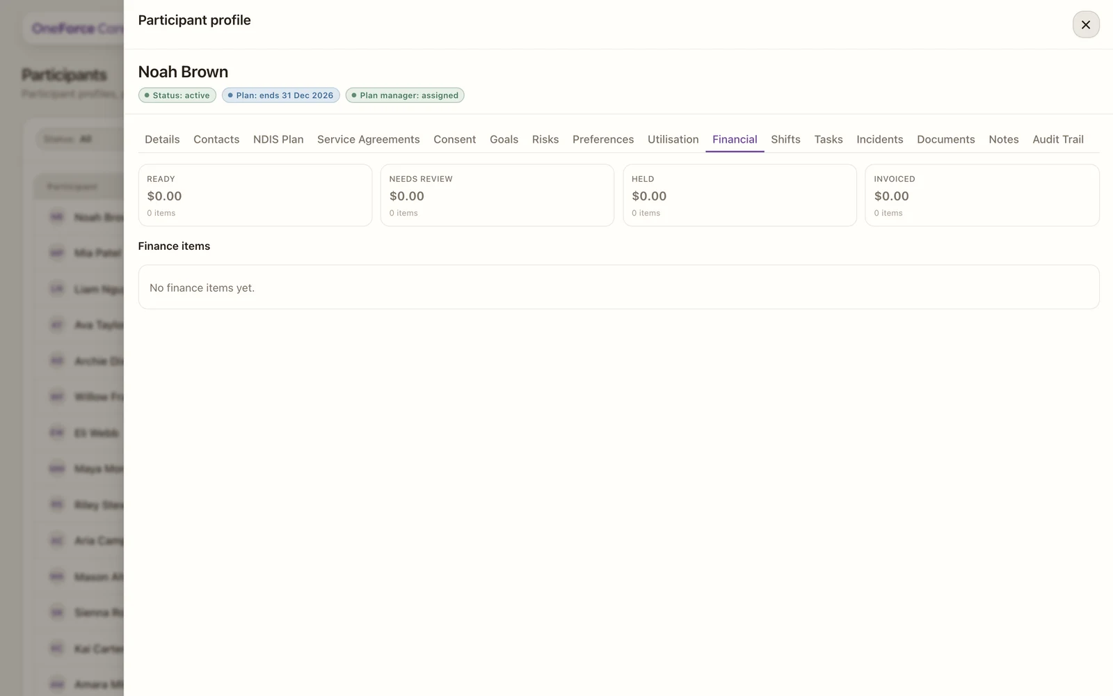 The Financial tab with status cards for Ready, Needs review, Held and Invoiced, each showing a total and item count, and a list of finance items.