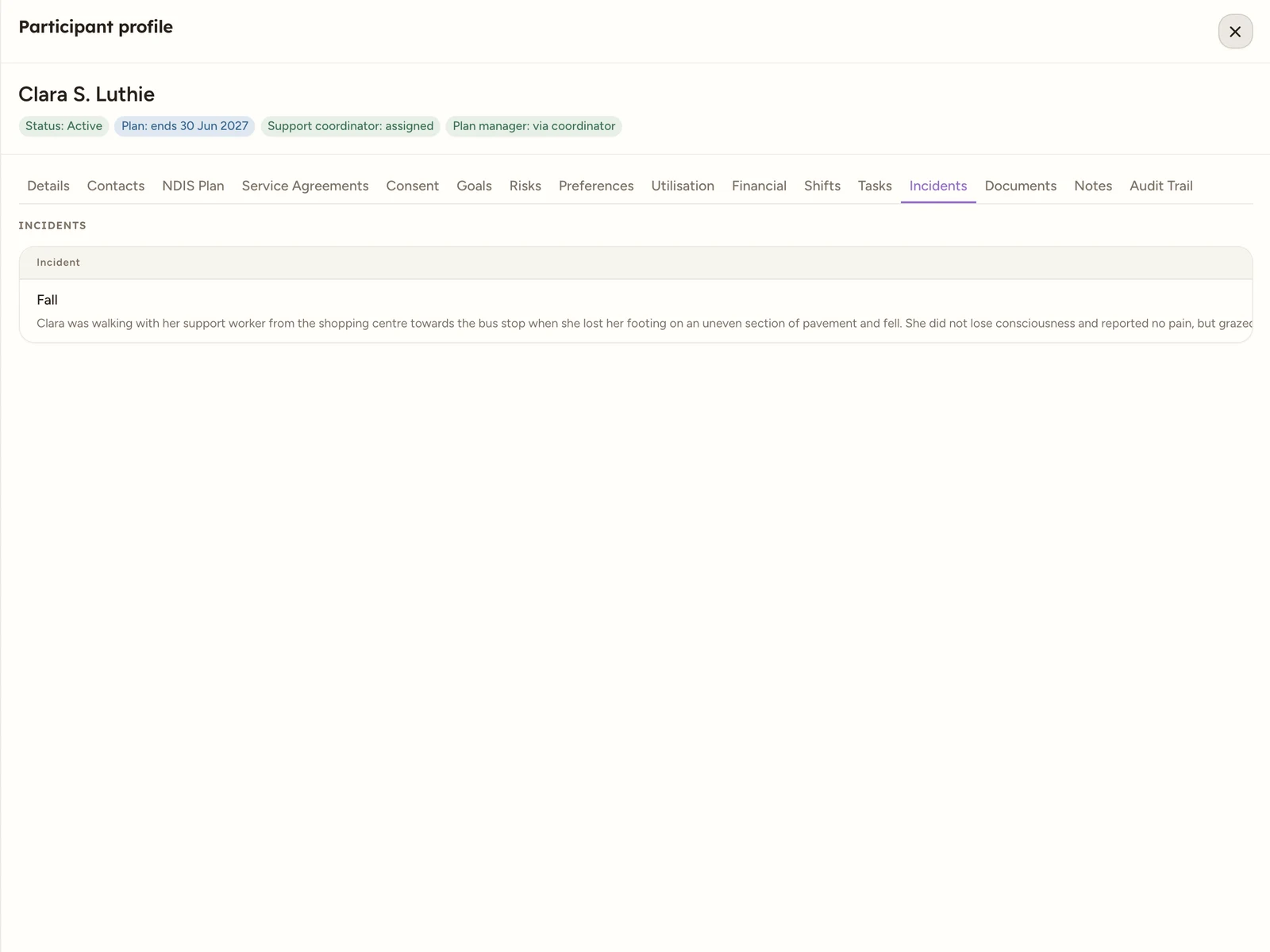 The read-only Incidents tab on a participant profile, listing incidents with Incident, Status, Occurred and Reportable columns.
