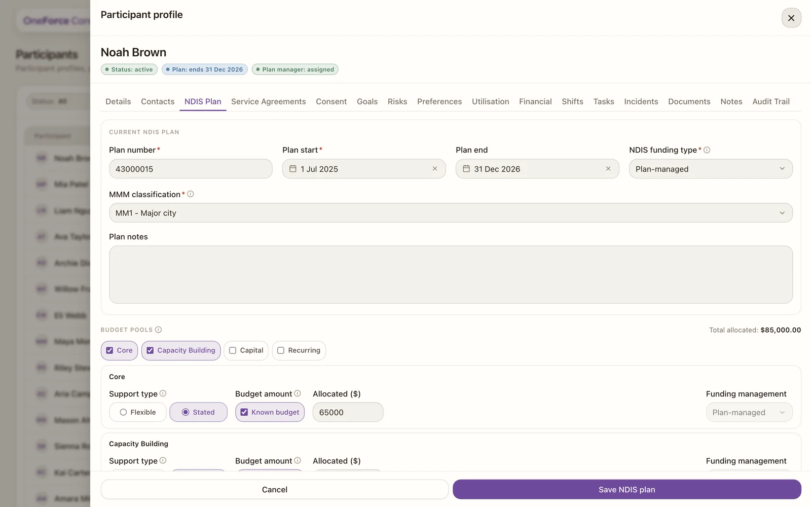 The NDIS Plan tab showing plan number, plan start and end, funding type, MMM classification, plan notes, and the budget pools with support type, budget amount and allocated value.