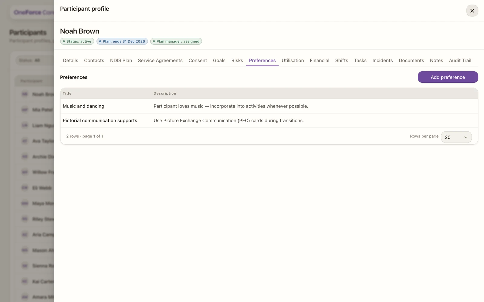 The Preferences tab with the participant's recorded support preferences and an option to add a new one.