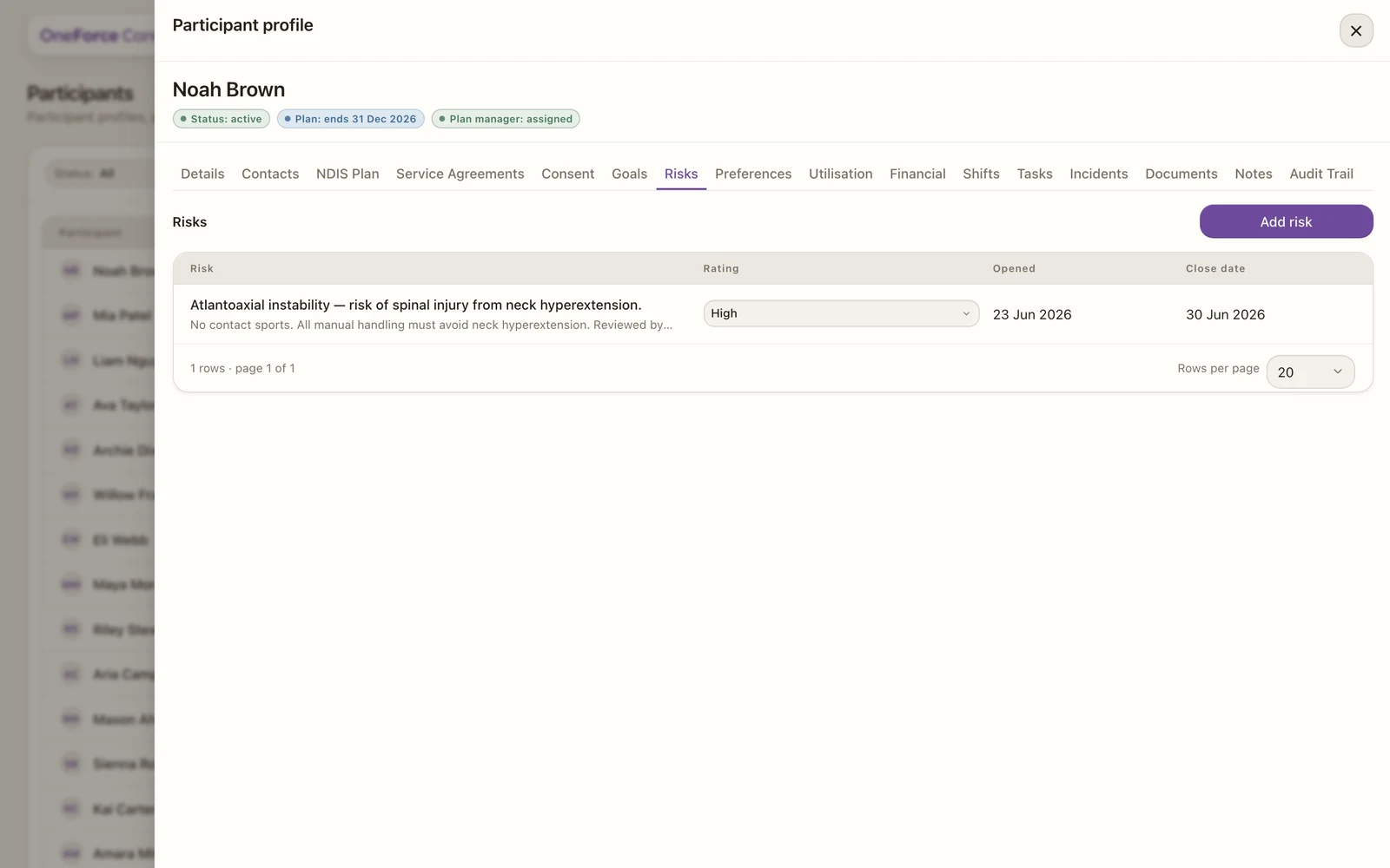 The Risks tab with a list of recorded risks, each showing the risk, a rating, an opened date and a close date, and an Add risk button.