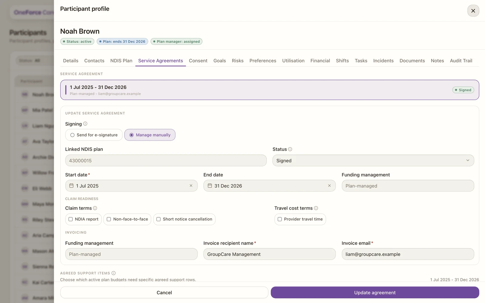 The Service Agreements tab showing the signing method, linked NDIS plan, dates, status, claim terms, travel terms and invoicing fields.