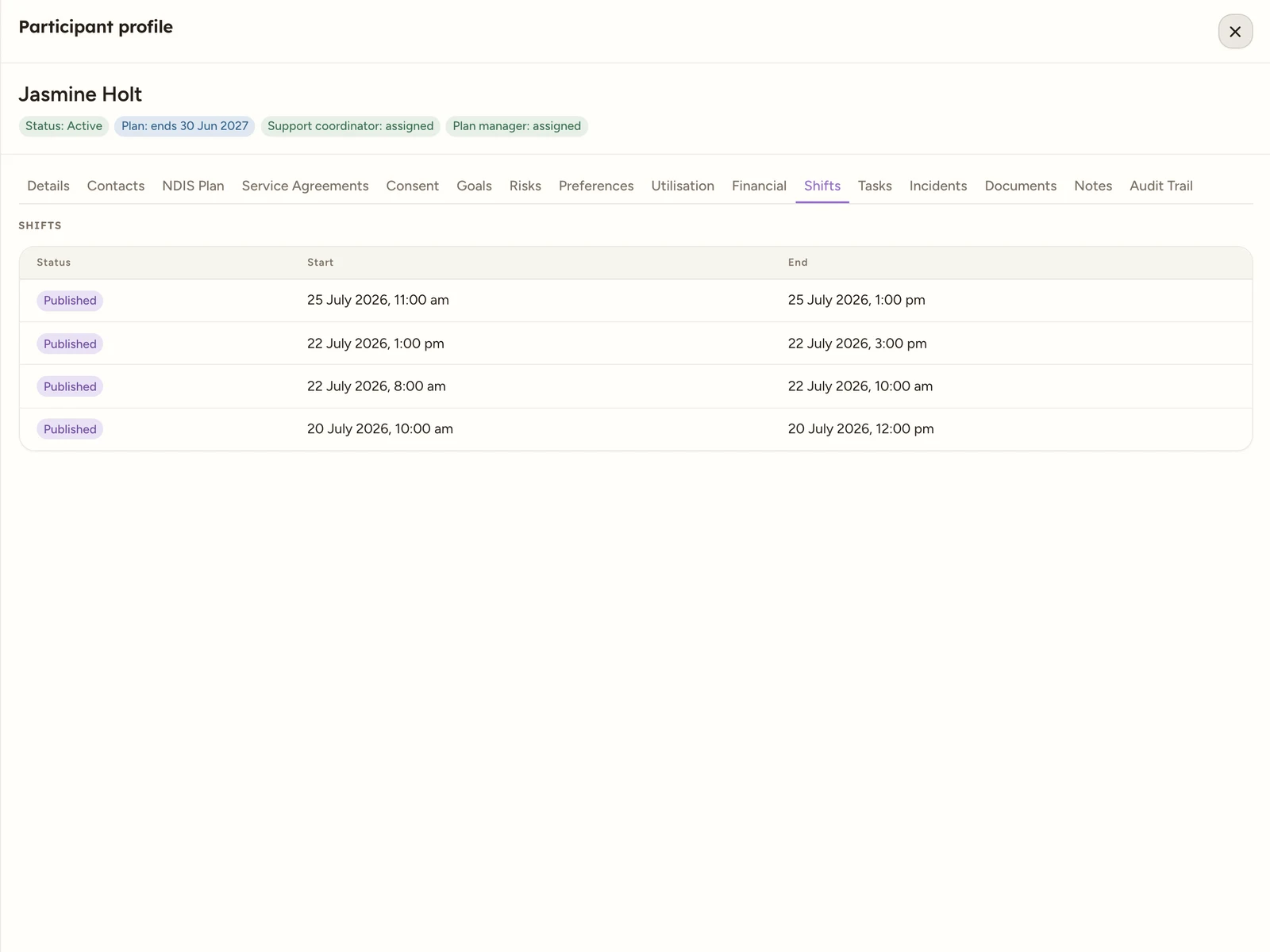 The read-only Shifts tab on a participant profile, listing shifts with Status, Start and End columns.