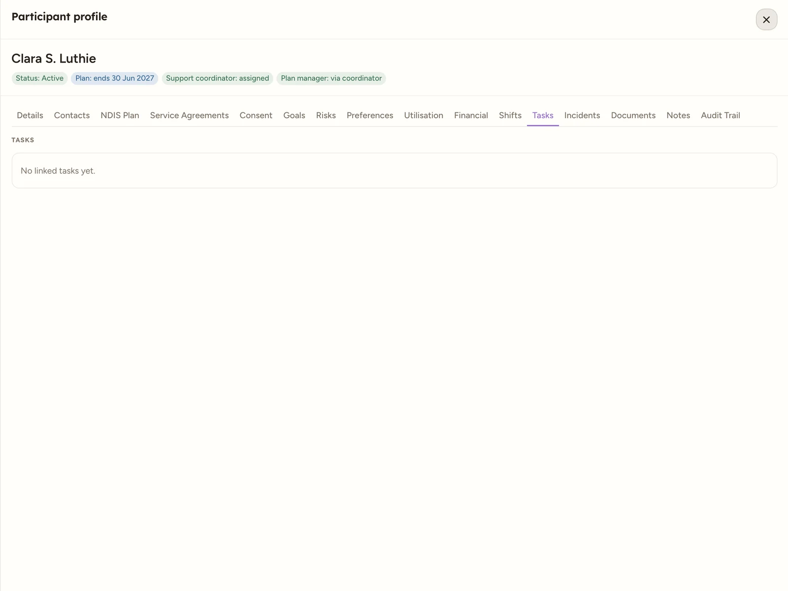 The read-only Tasks tab on a participant profile, showing the empty state No linked tasks yet; linked tasks list with Task, Status, Due and Priority columns.