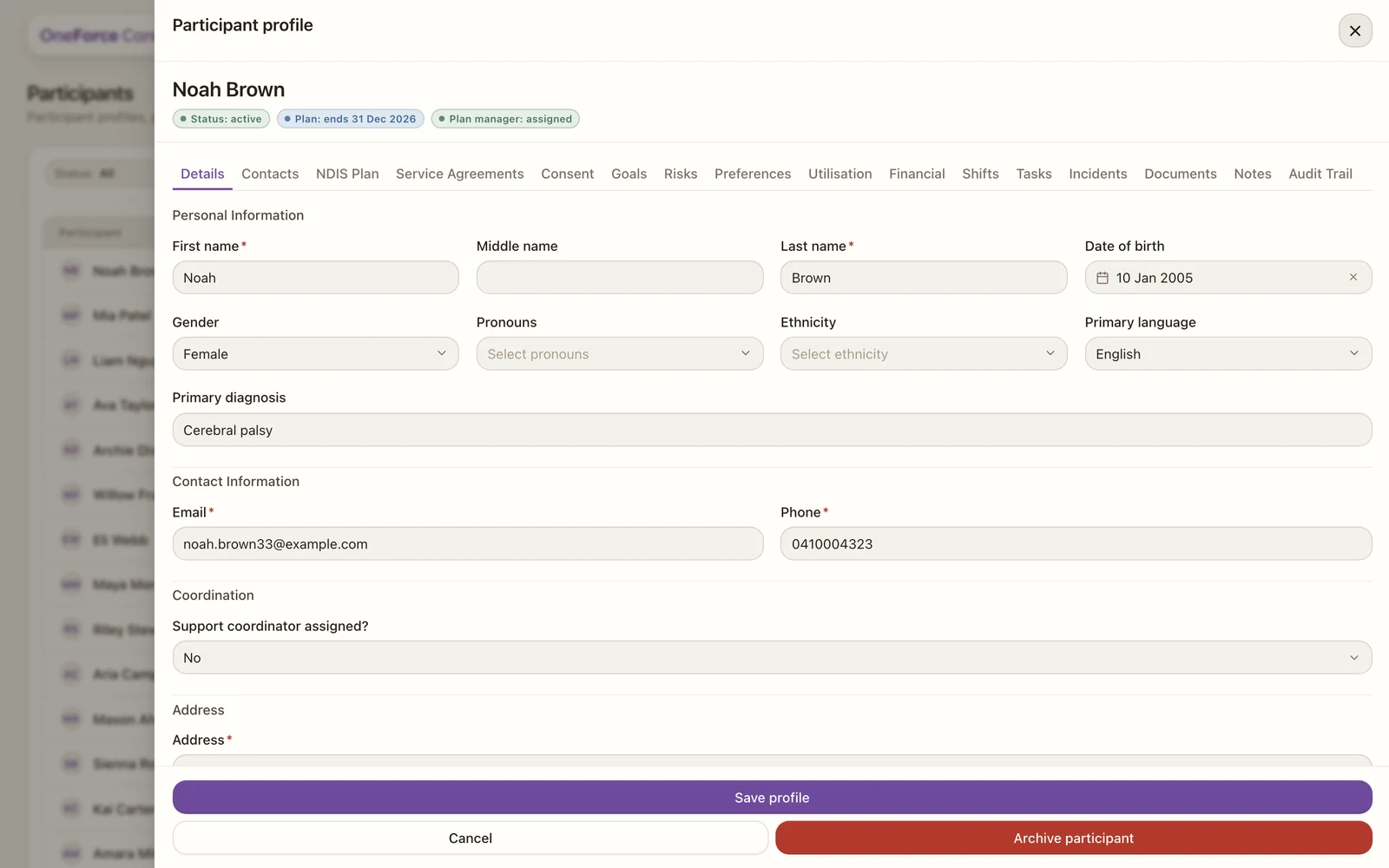 A participant profile open on the Details tab, with the row of tabs across the top and Save profile at the bottom.
